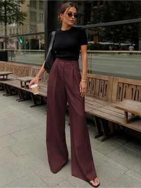 COMMENSE Wide-Leg High-Waist Pants in Deep Burgundy